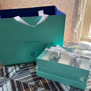 Tiffany & Co. crystal glass stem less champagne flute and Turquoise Gift Bag